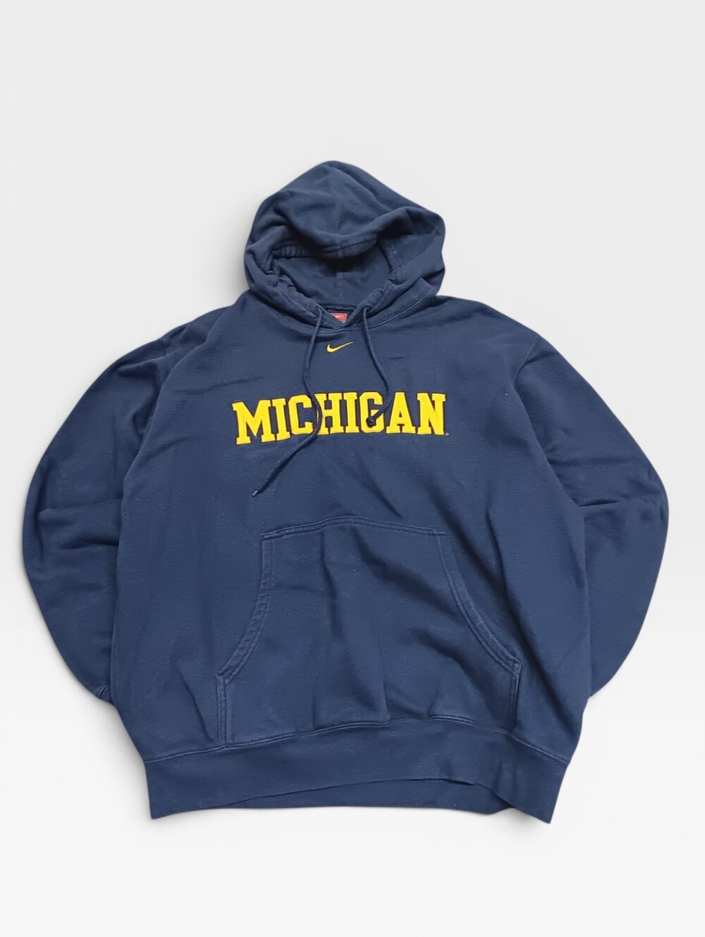 Nike Team Center Swoosh Michigan Navy Hoodie with Yellow Script Size L